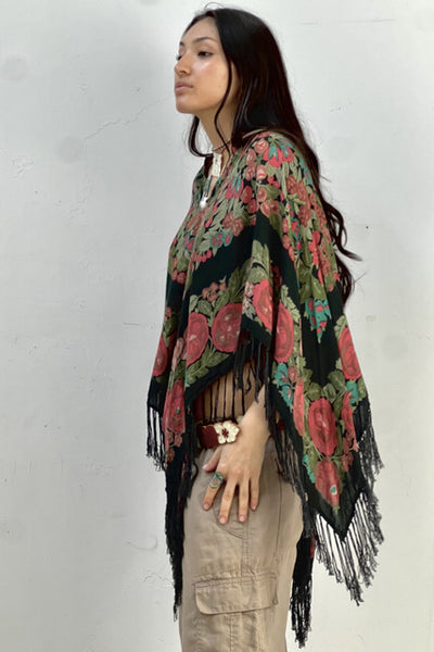 Poncho Cotton 1970s Midnight Flowers Reworked Vintage