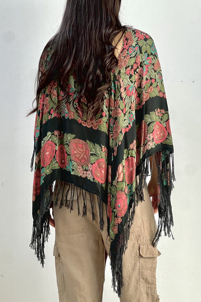 Poncho Cotton 1970s Midnight Flowers Reworked Vintage