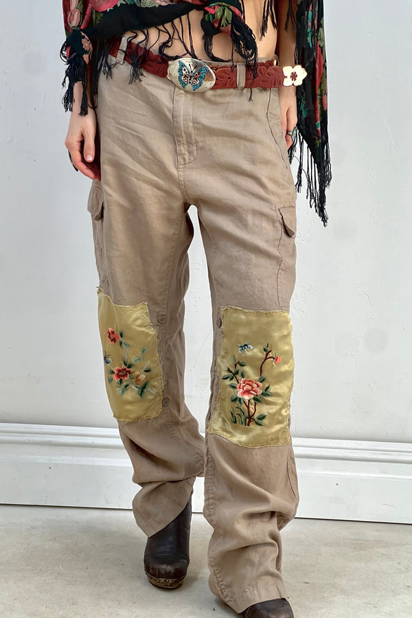 Anna Corinna Reworked Vintage Silk Butterfly Patched Linen Pants