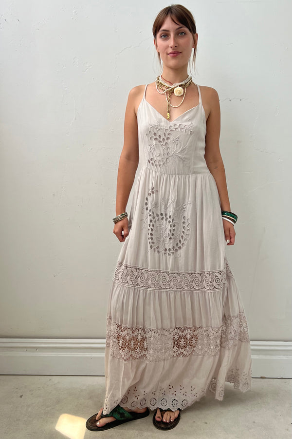 Vintage Tiered Eyelet Embroidered Maxi Dress, size M