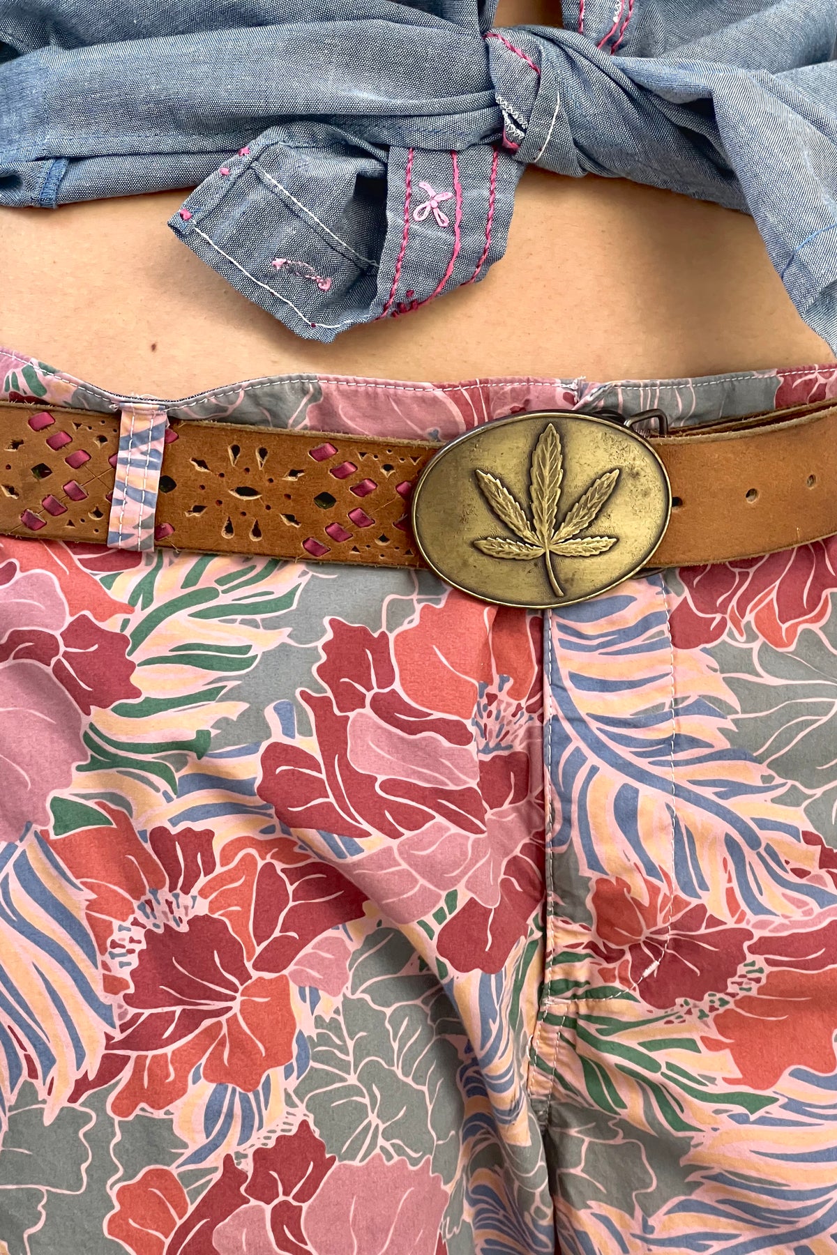 Vintage Five Leaf Brass Buckle and Embossed Leather Belt