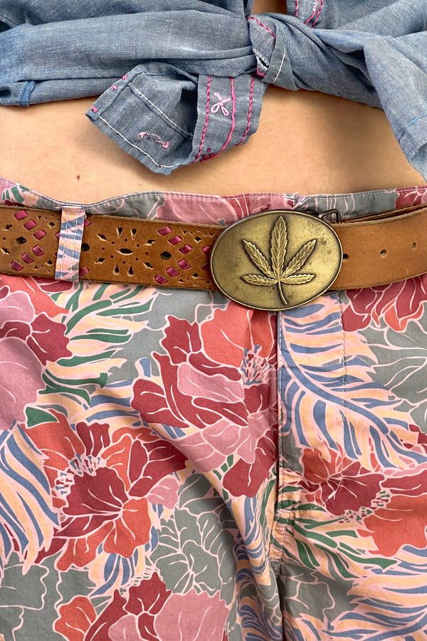 Vintage Five Leaf Brass Buckle and Embossed Leather Belt