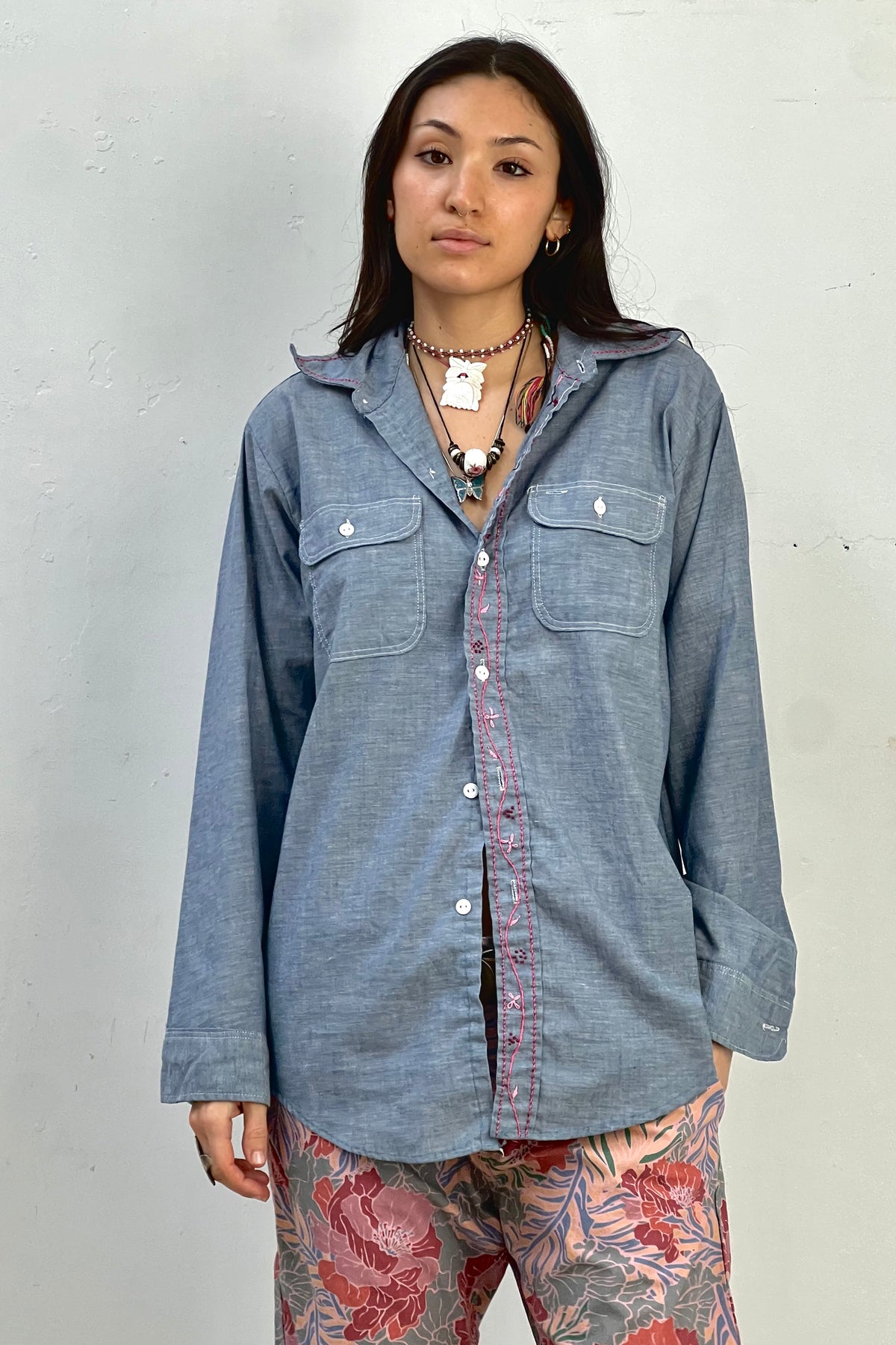 Vintage Embroidered Flower Chain Chambray Button Down Top