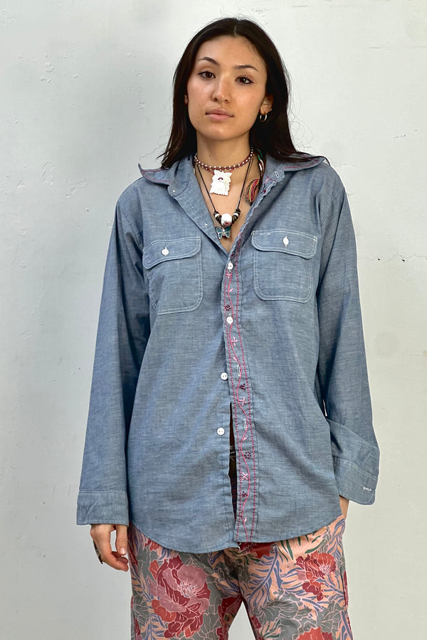 Vintage Embroidered Flower Chain Chambray Button Down Top