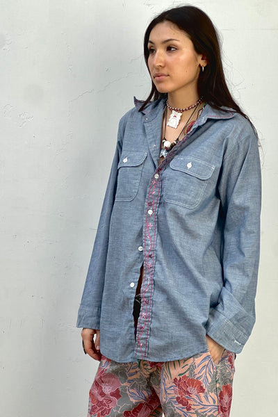 Vintage Embroidered Flower Chain Chambray Button Down Top, view 3