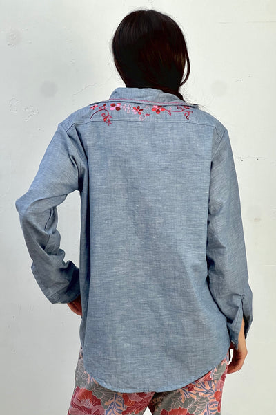 Vintage Embroidered Flower Chain Chambray Button Down Top, view 2