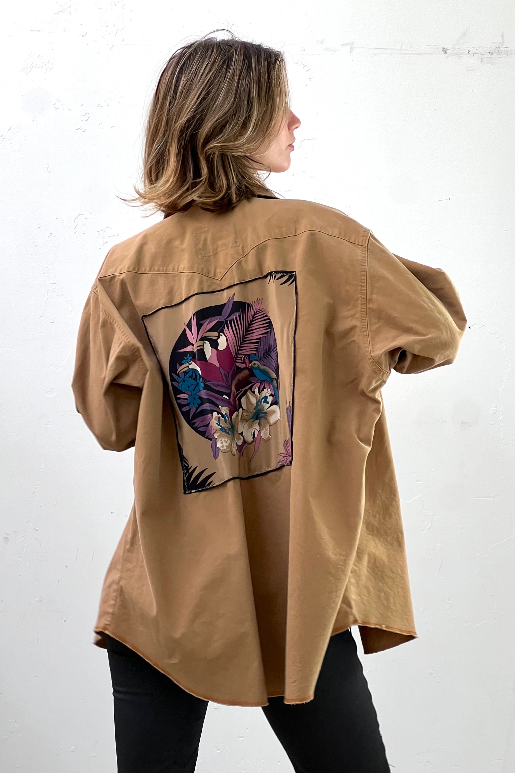 Anna Corinna Reworked Vintage Wrangler Toucan Patch  Shirt Jacket