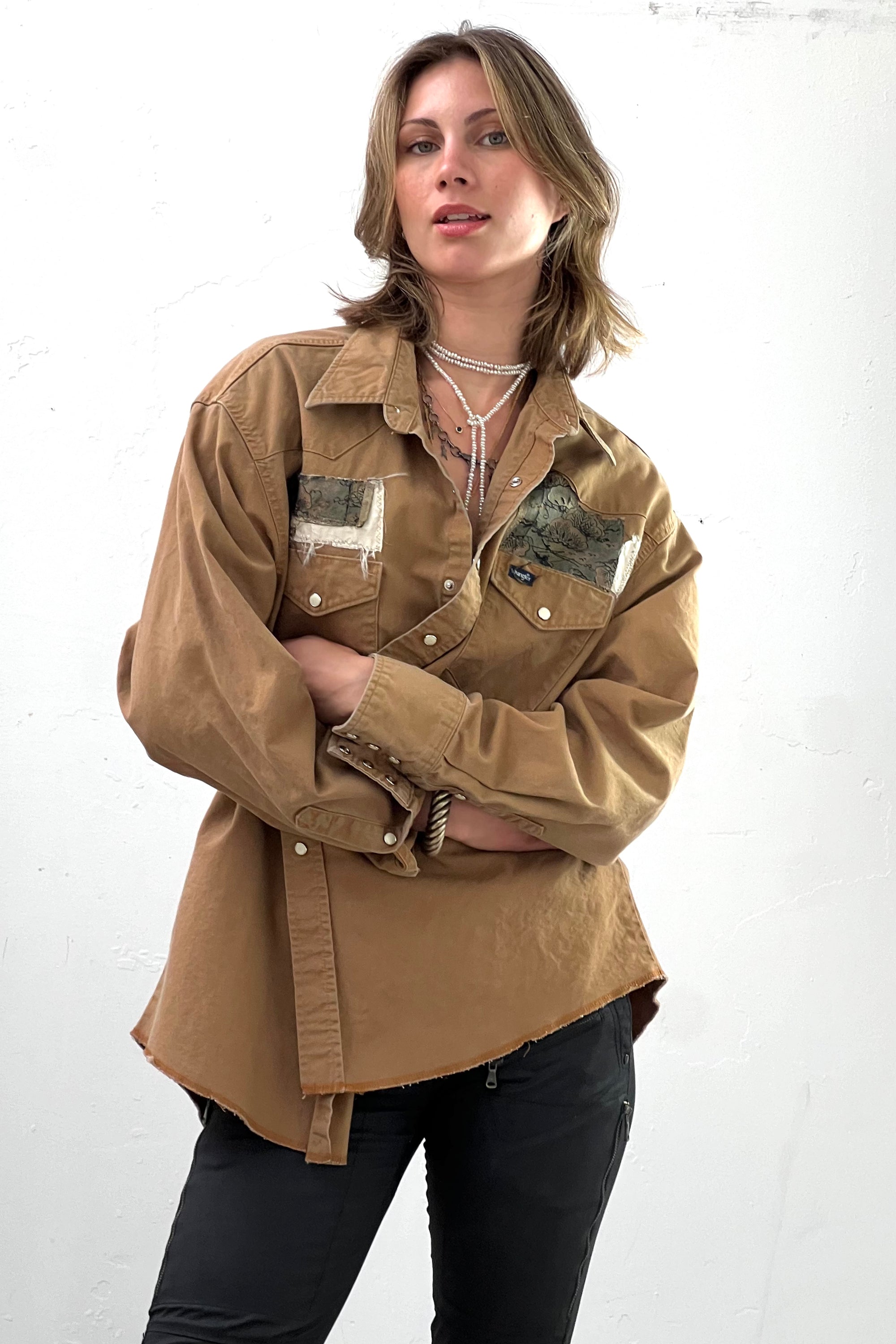 Anna Corinna Reworked Vintage Wrangler Toucan Patch  Shirt Jacket