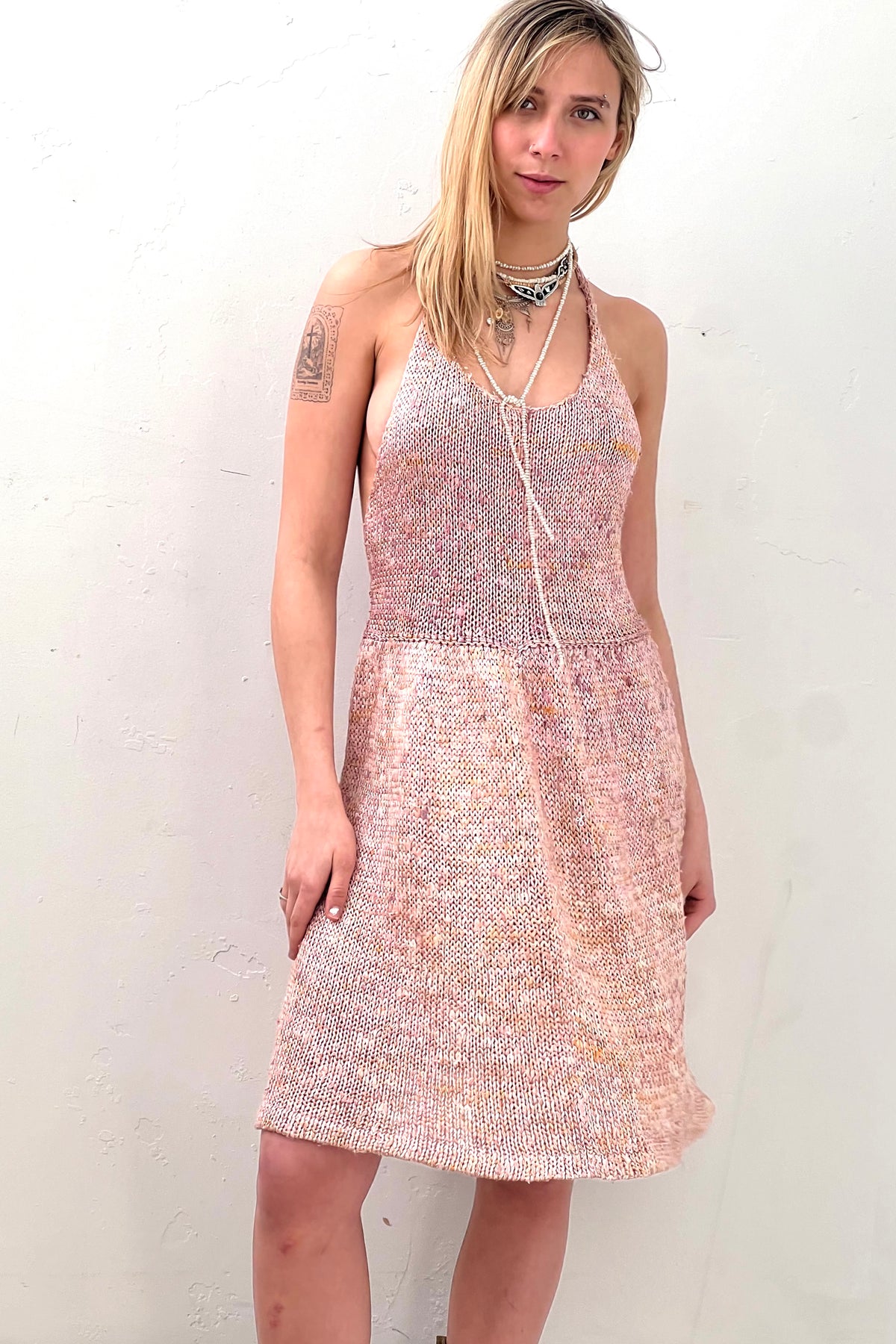 Vintage Hand Knit Peachy Halter Dress, Cotton blend