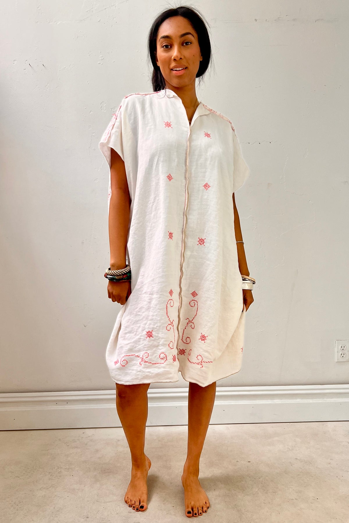 Anna Corinna Reworked Cross Stitch Pinky Smock Dress, Cotton