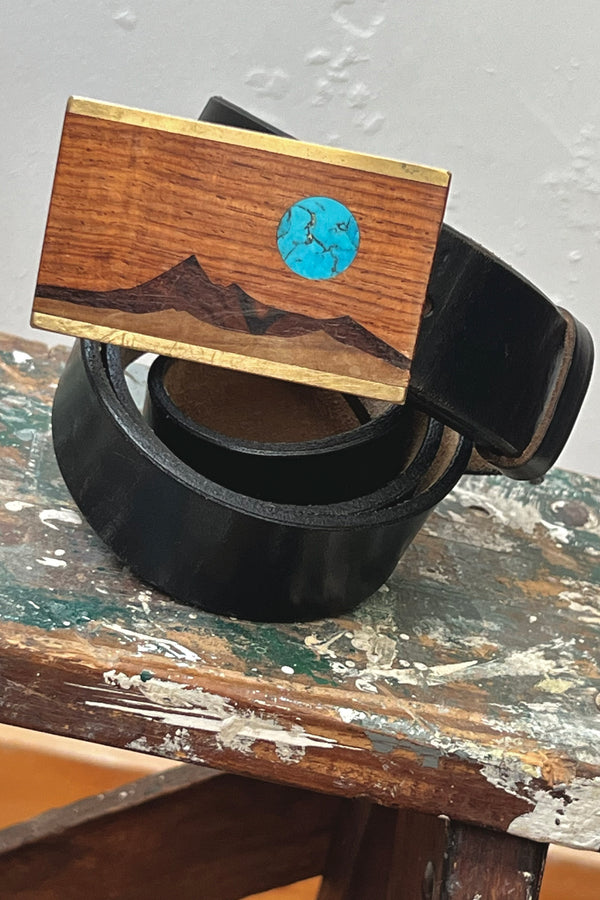Mountains Turquoise and Leather 70s Belt and Buckle