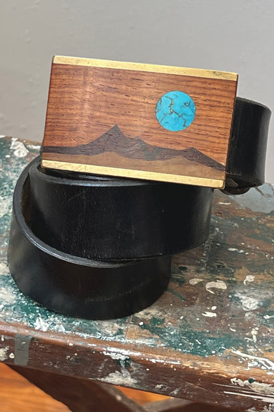 Mountains Turquoise and Leather 70s Belt and Buckle