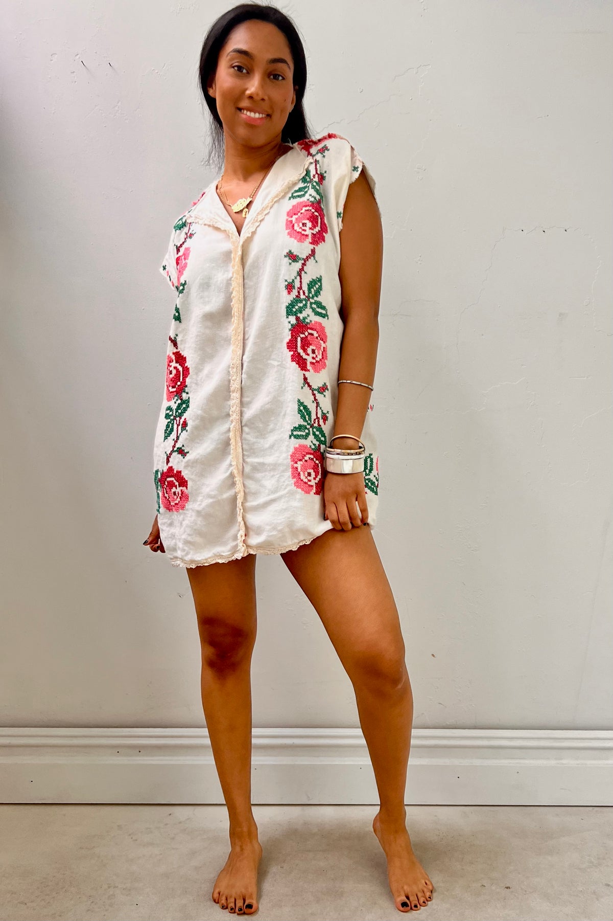 Anna Corinna Reworked Cross Stitch Roses Smock Dress, Cotton