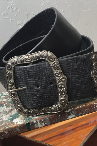 Belt Leather 80s Maxi Leather Belt and Silvertone Buckle