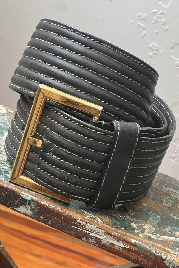 Ginafranco Ferre 80s Quilted Leather Belt and Buckle