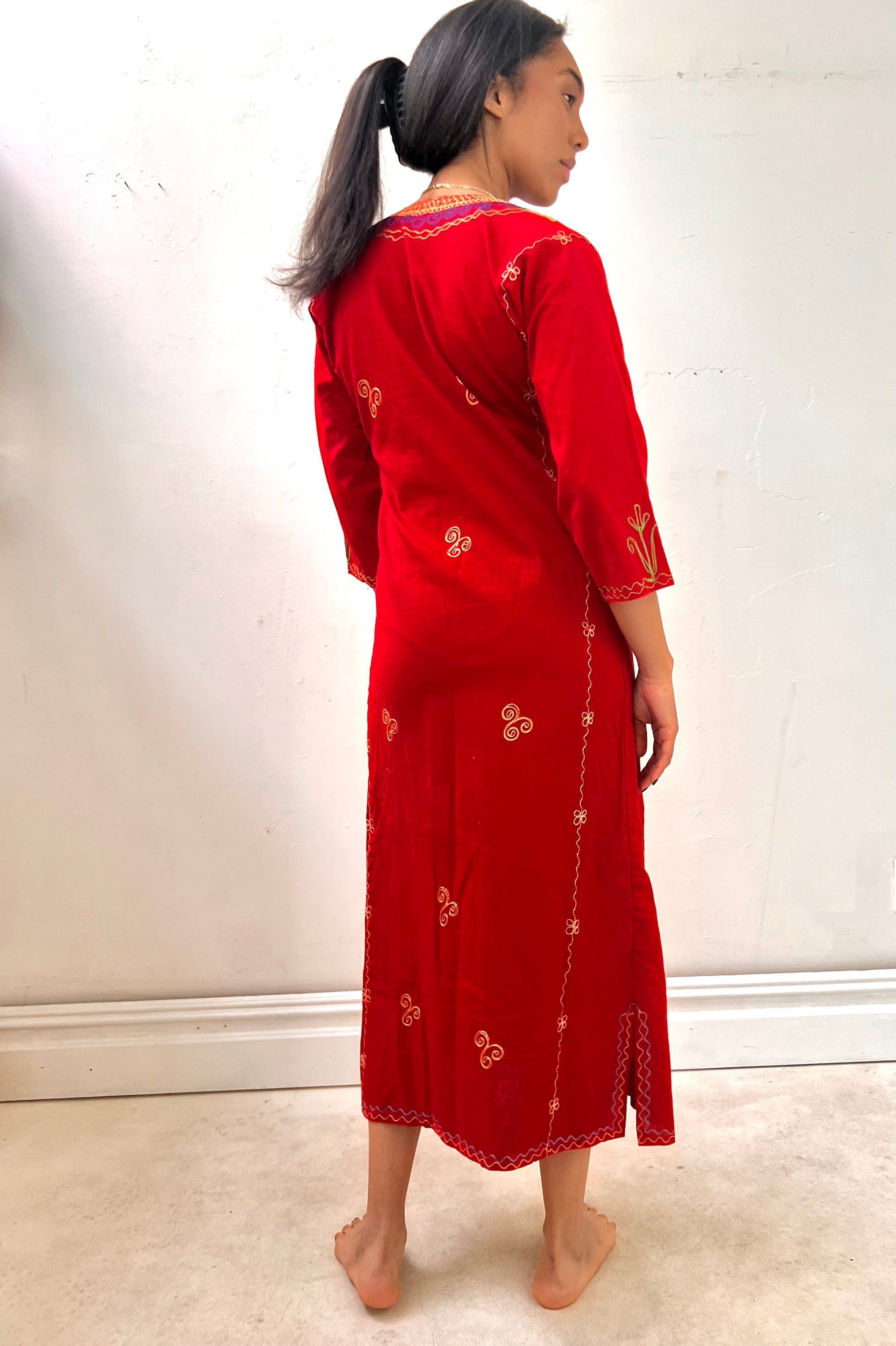 Vintage Embroidered Vermillion Caftan Selected by Anna Corinna