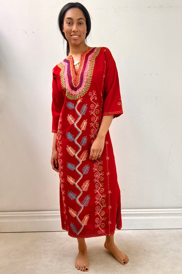 Vintage Embroidered Vermillion Caftan, Cotton