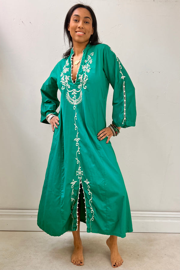 Vintage Embroidered Emerald Caftan, Cotton