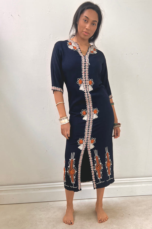 Vintage Embroidered Navy Caftan, Rayon