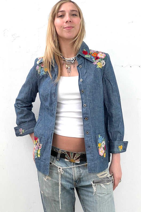 Vintage Patchy Denim Shirt Jacket, Cotton