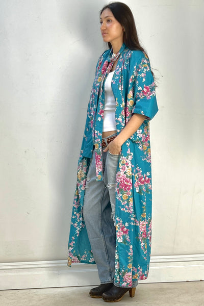 Vintage Turq Cherry Blossoms Kimono, view 3
