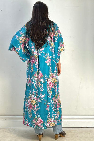 Vintage Turq Cherry Blossoms Kimono, view 2