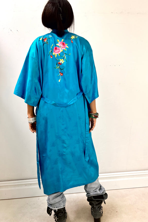 Vintage Hand Embroidered Silky Sky Flowers Kimono, Rayon