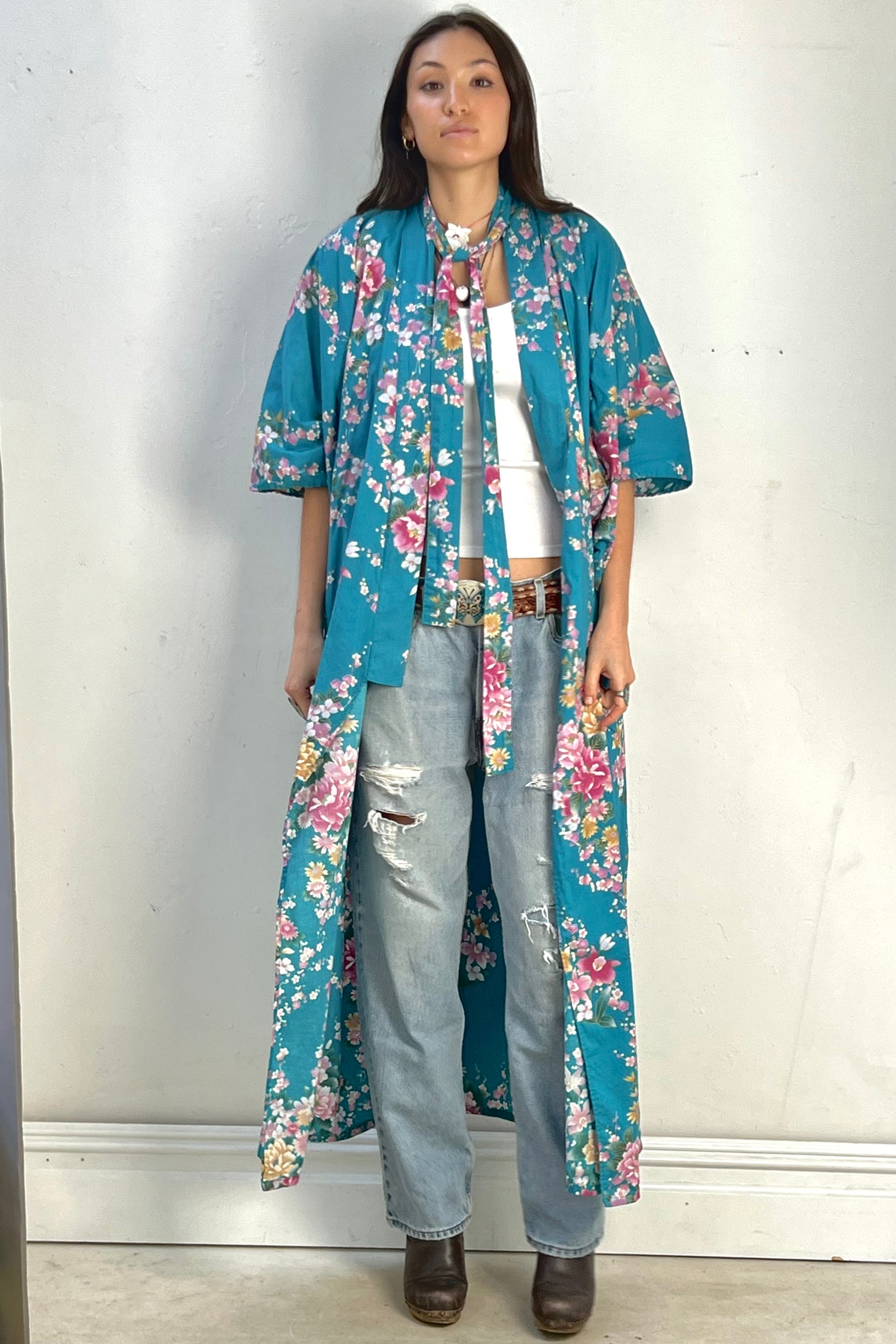 Vintage Turq Cherry Blossoms Kimono