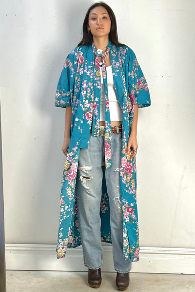 Vintage Turq Cherry Blossoms Kimono