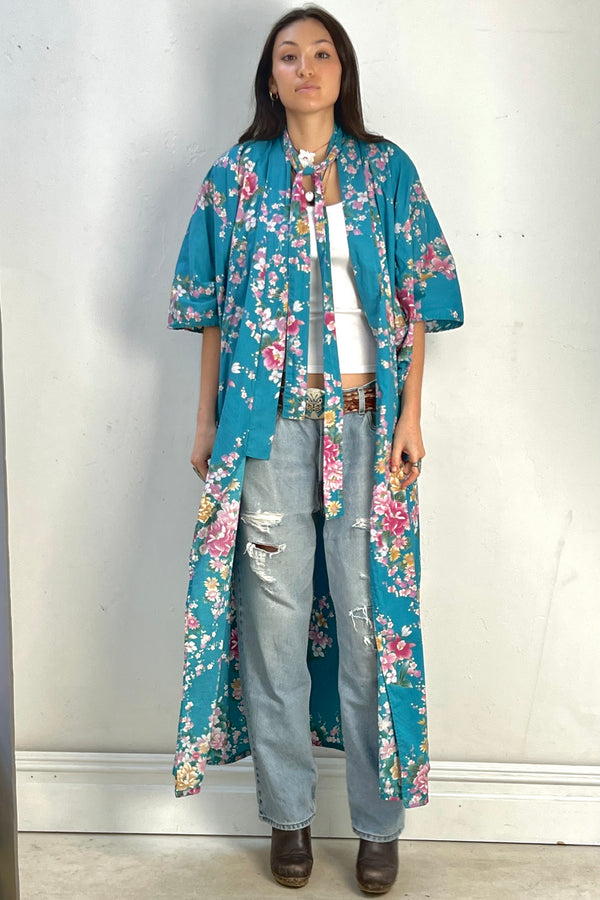 Vintage Turq Cherry Blossoms Kimono