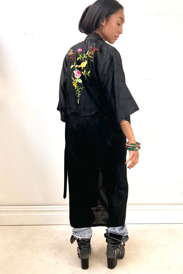 Vintage Hand Embroidered Silky Noir Bird Kimono, Rayon