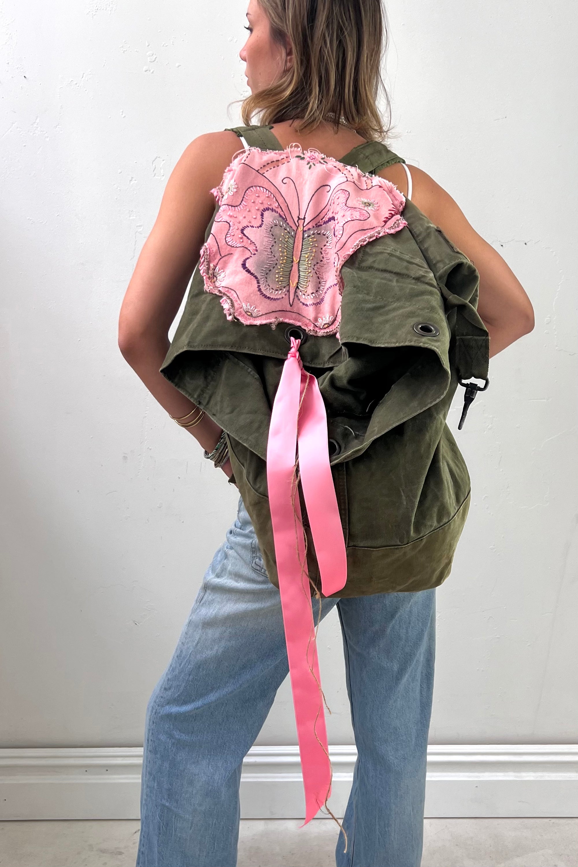 Anna Corinna Reworked Vintage Butterfly Army Convertible Duffel Backpack