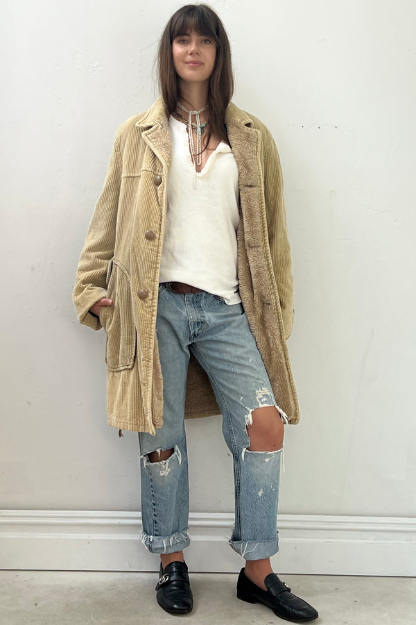 Vintage Corduroy Coat Removable Hood, Cotton & Fake Fur Lining