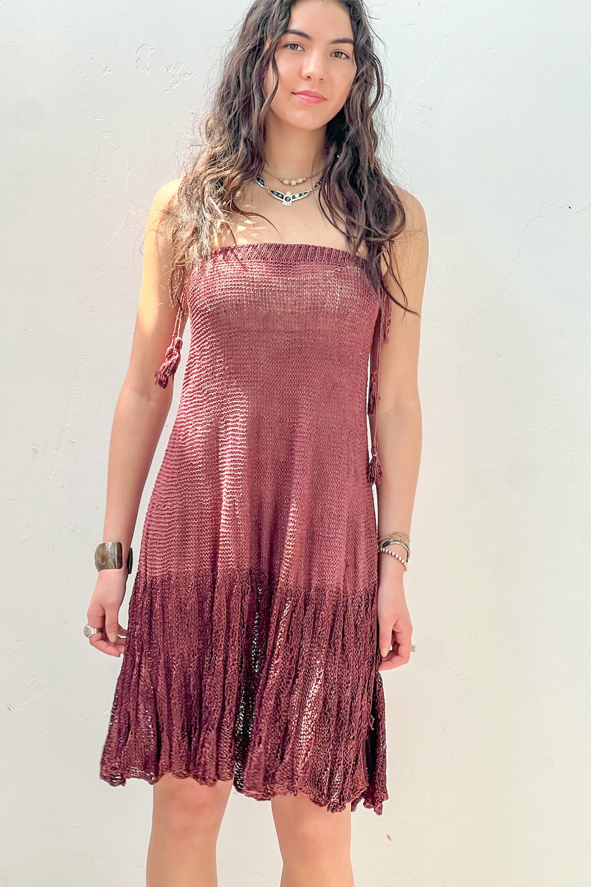 Vintage Hand Knit Merlot Dress or Skirt, Cotton