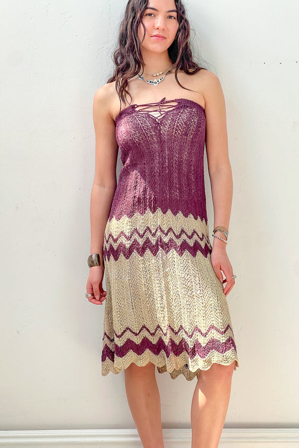 Vintage Hand Knit Plum Mint Dress or Skirt, Cotton