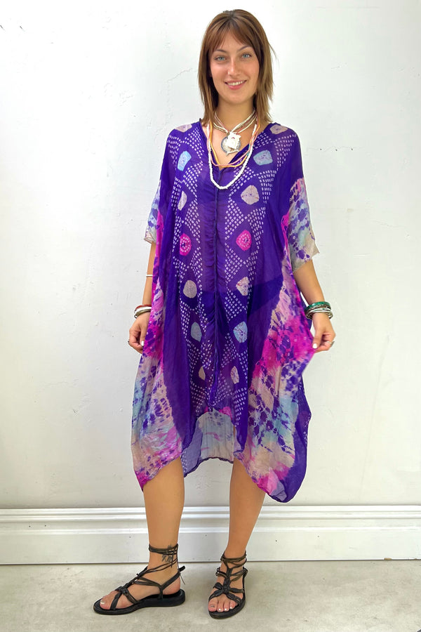 Anna Corinna Reworked Vintage Tie Dye Brights Sheer Silk Smock Dress