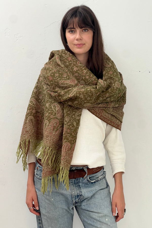 Vintage Wool Woven Paisley Shawl Scarf, Wool