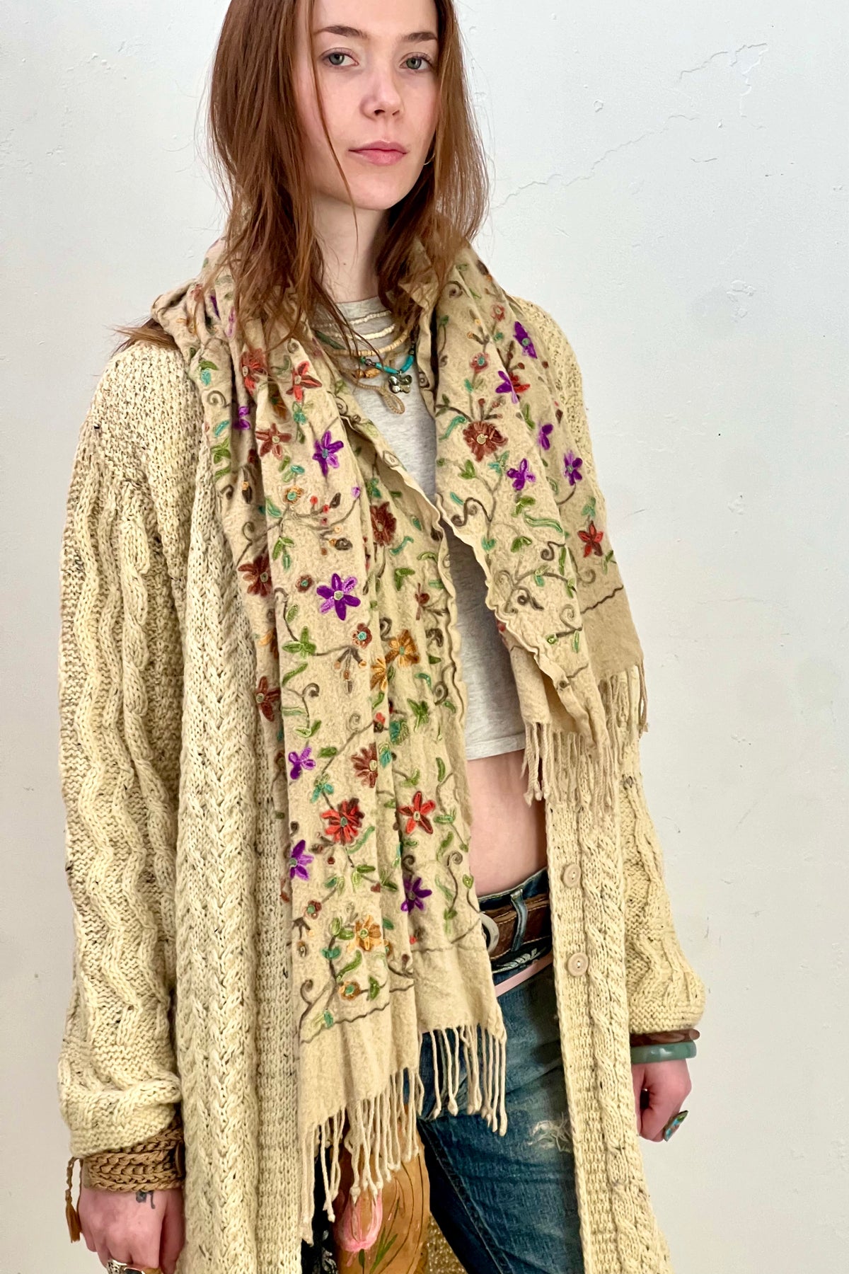 Vintage Crewel Work Cashmere Scarf, Cashmere
