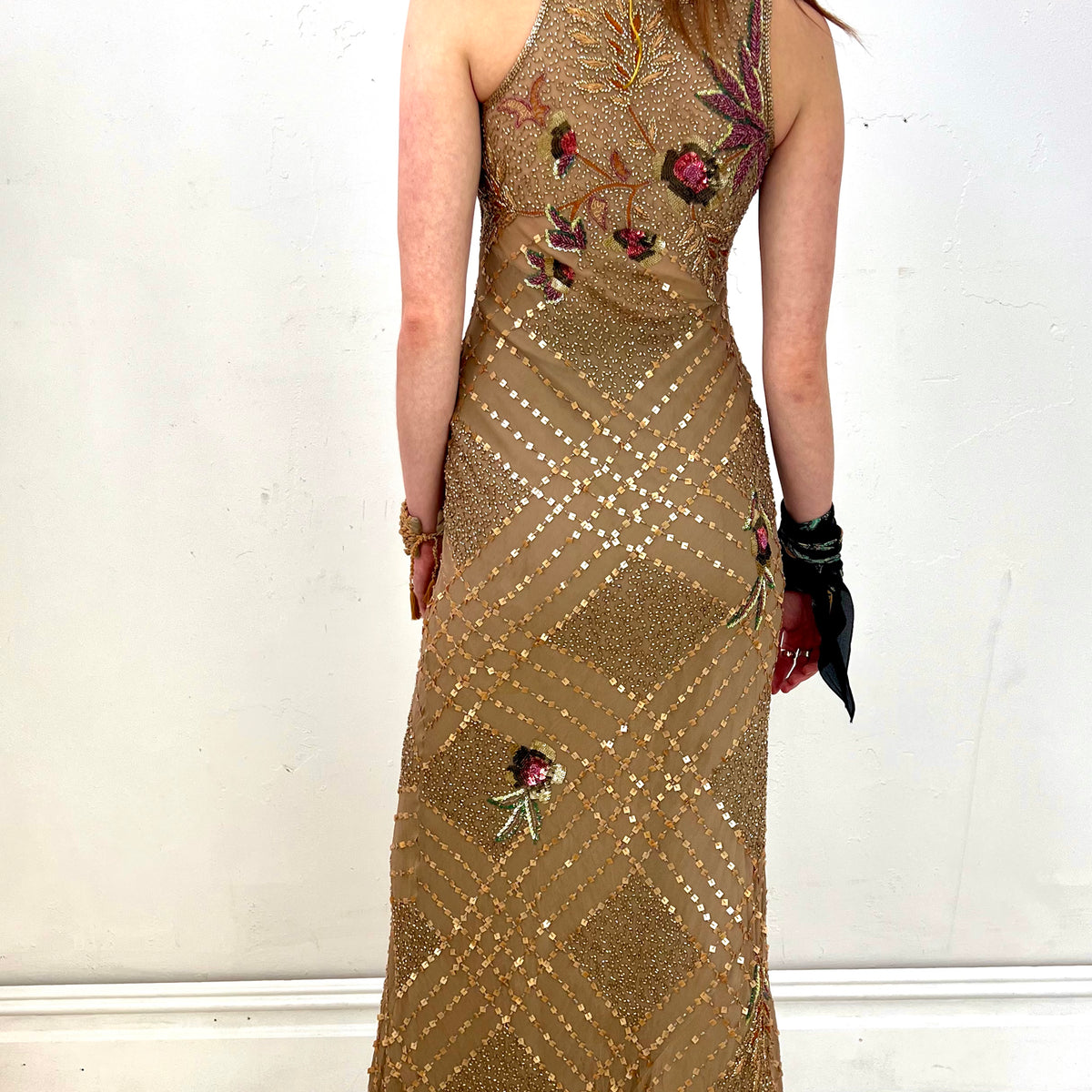 beaded silk dress Y2k Diane Freis Ombre Ruffle Dress-S/M  La Poubelle Vintage Smooth satin skirt with a structured beaded mesh corset bodice Fit Vintage Chocolate Silk Beaded Dress