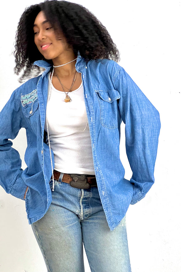Anna Corinna Reworked Vintage Chambray with Flowers Button Down, Cotton