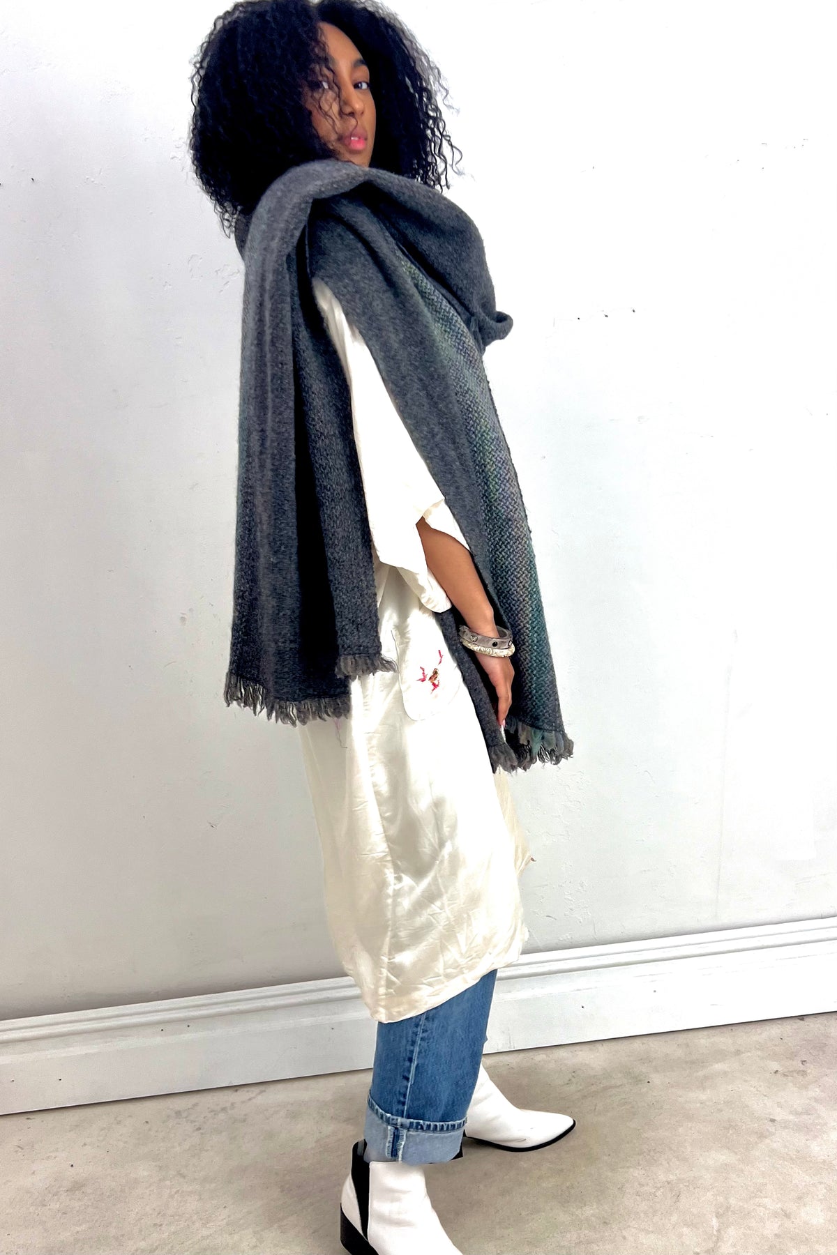 Vintage Hand Woven Wool Maxi Scarf, Wool