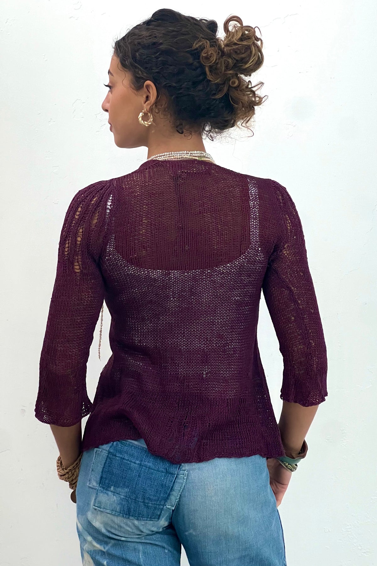 Vintage-Hand-Knit-Plum-Cardi-Top, Cotton