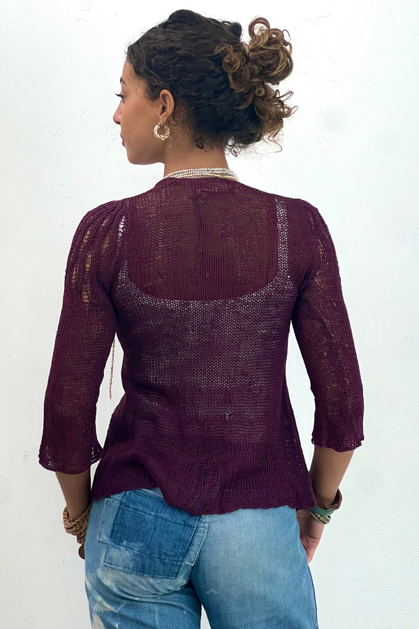 Vintage-Hand-Knit-Plum-Cardi-Top, Cotton