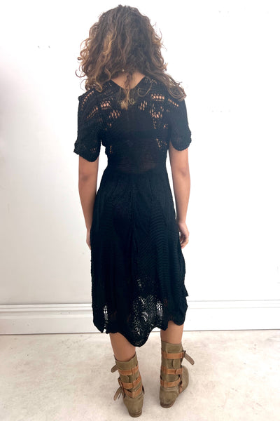 Vintage Hand Knit Noir Short Sleeve Dress, Cotton, view 2