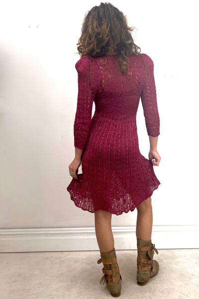 Vintage Hand Knit Wine Dress, Cotton, view 2
