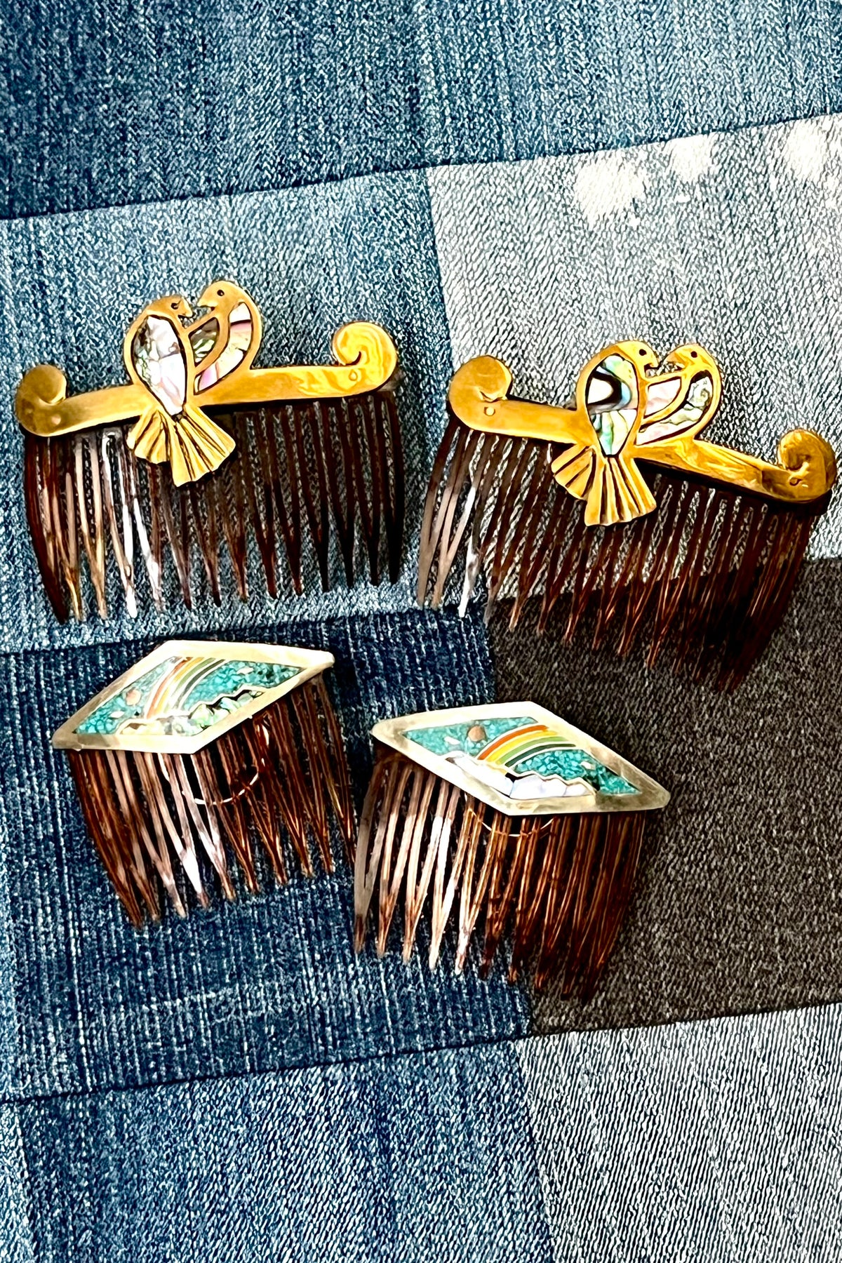 Vintage Single Hair Comb, Alpaca silver, Ground Turquoise