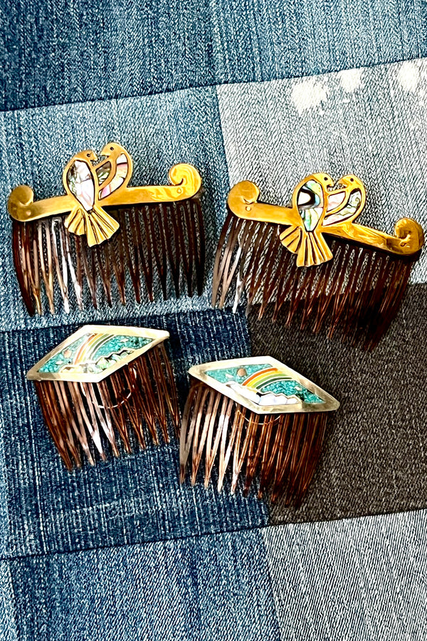 Vintage Single Hair Comb, Alpaca silver, Ground Turquoise